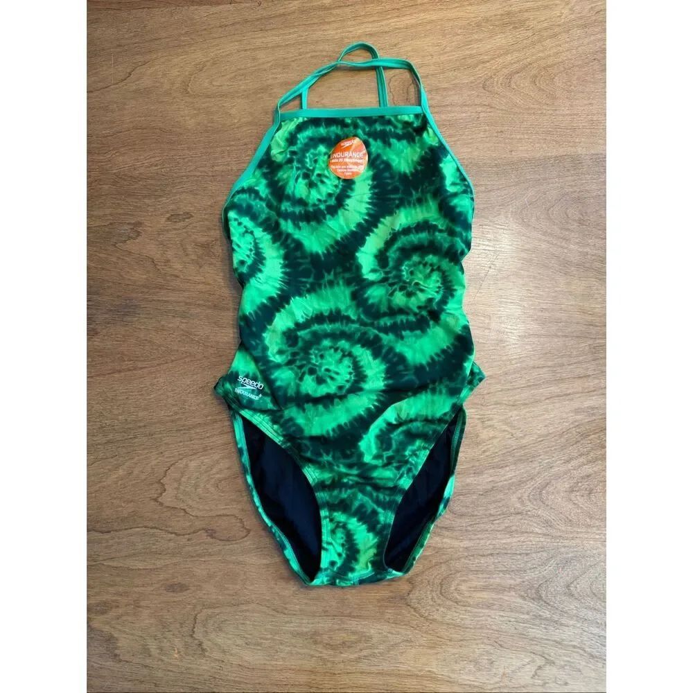 Speedo Youth Endurance+ Tie Dye Open Back One Piece Swimsuit Green Sz 40 NWOT